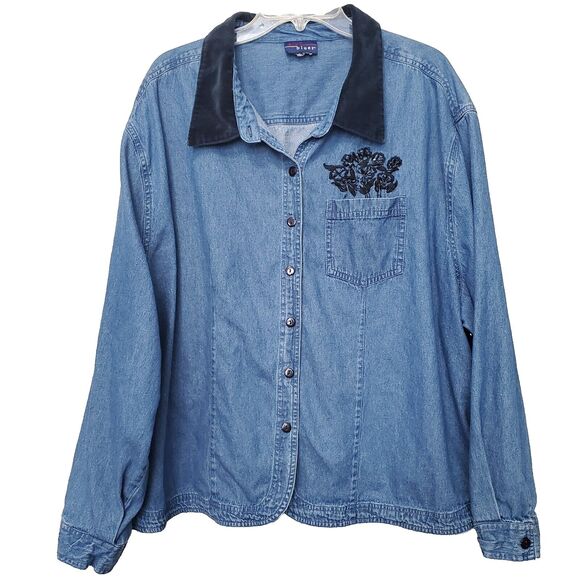 CST Blues Tops - CST Blues Women's Blue Denim Embroidered Button-Up Shirt w/Microfiber Collar 4X
